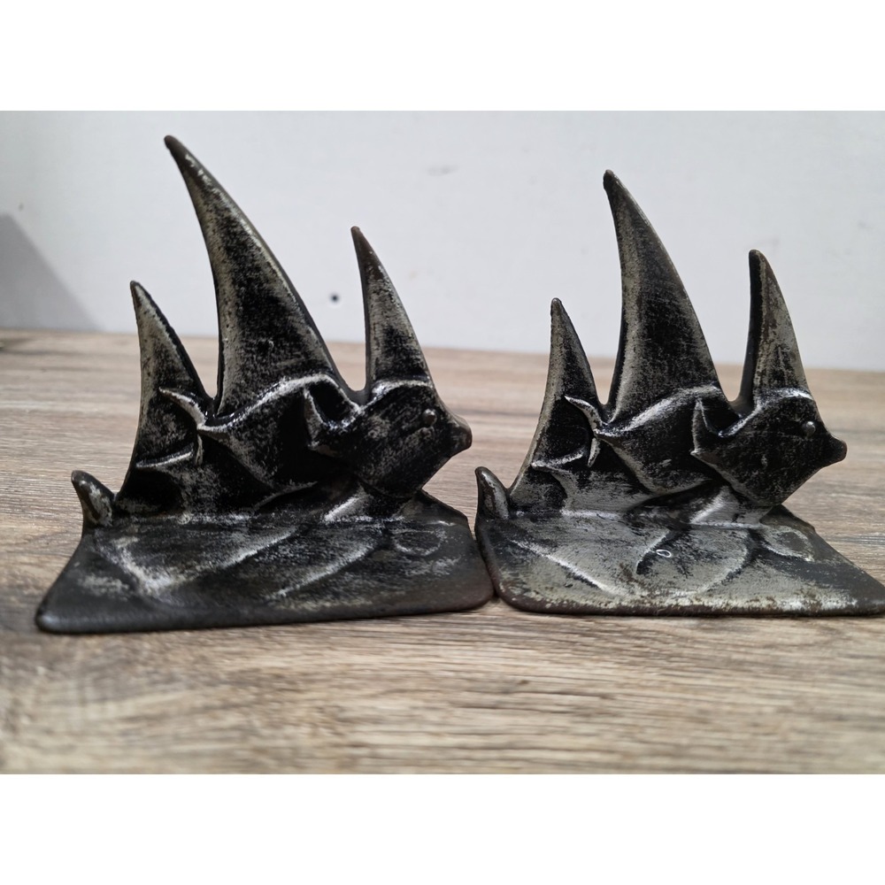 Vintage Cast Iron Angelfish Bookends Stamped 595